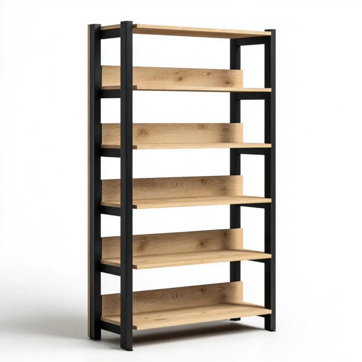 Regał, Półka biblioteczna 6 poziomów lekki dąb czarny 90 x 35 x 180 cm w płycie wiórowej i prostokątnej stali