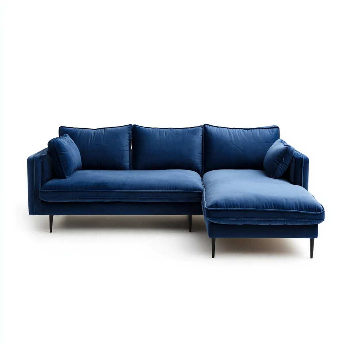 Sofa, Kanapa narożna z krzesełkiem z prawym niebieskim poliestrowym aksamitem 250 x 160 x 85 cm L