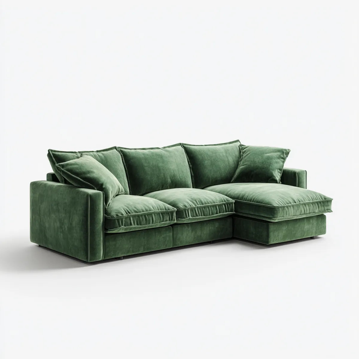 Sofa, Kanapa narożna 3 fotele z krzesełkiem na prawo zielony 240 x 160 x 85 cm w prostokątnym poliestrowym aksamicie