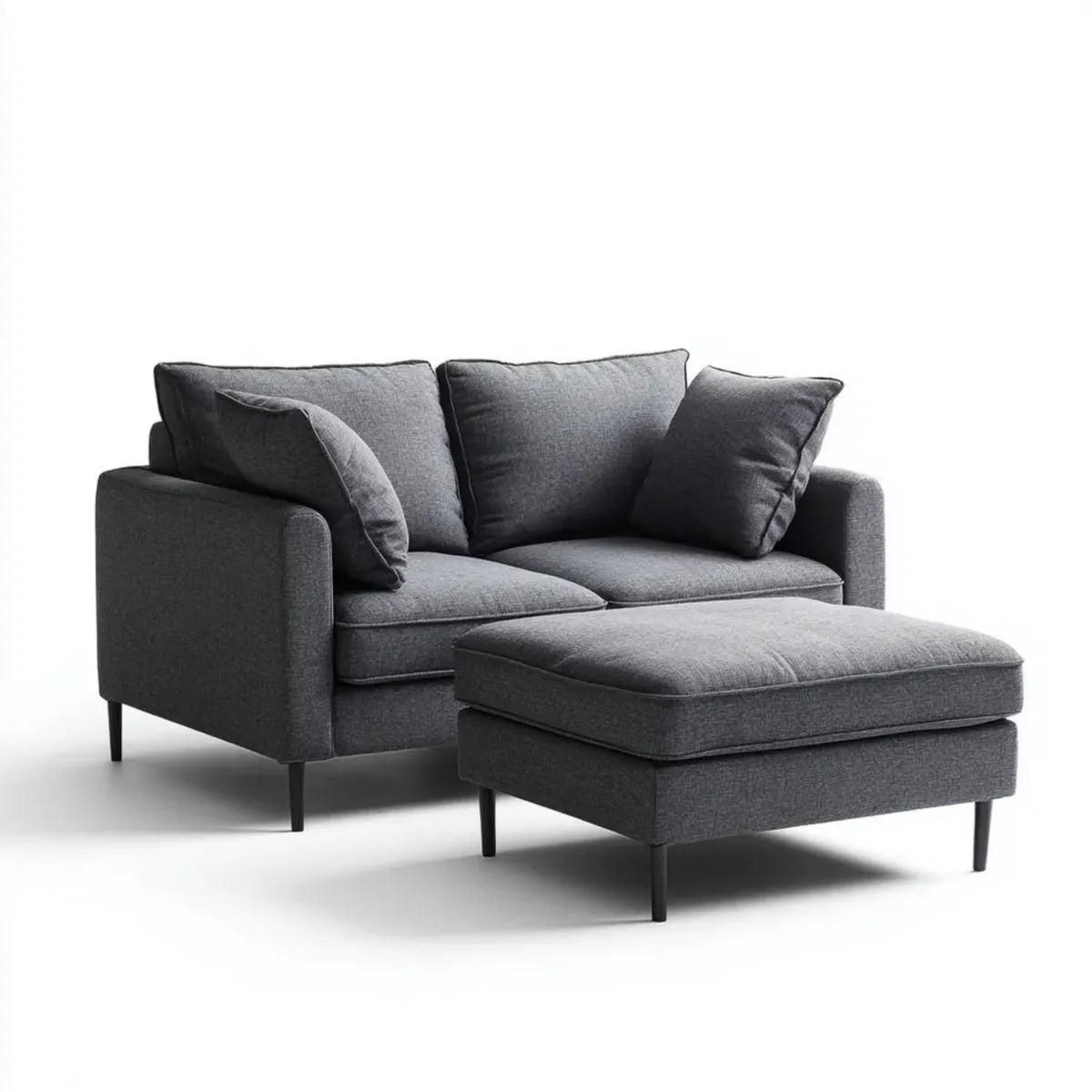 Sofa 2 fotele z ciemnoszarym ottomanem 165 x 90 x 85 cm i 105 x 70 x 44 cm w prostokątnym kształcie poliestru