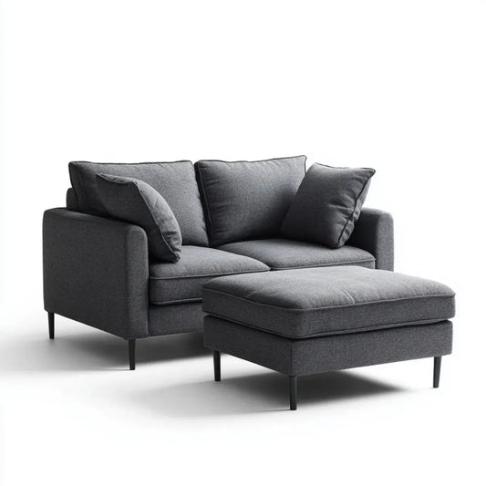 Sofa 2 fotele z ciemnoszarym ottomanem 165 x 90 x 85 cm i 105 x 70 x 44 cm w prostokątnym kształcie poliestru