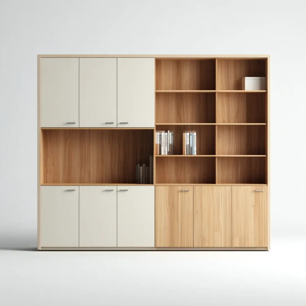 Regał, Biblioteka ścienna z zamkniętym magazynem beżowym i dębowym 180 x 40 x 160 cm w prostokątnej melaminowanej płycie wiórowej