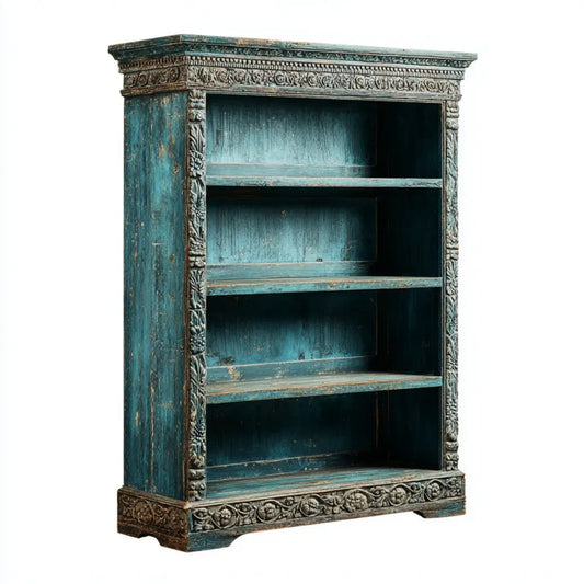 Regał, Prostokątna niebieska biblioteka olejowa 100 x 40 x 180 cm w litym drewnie mango