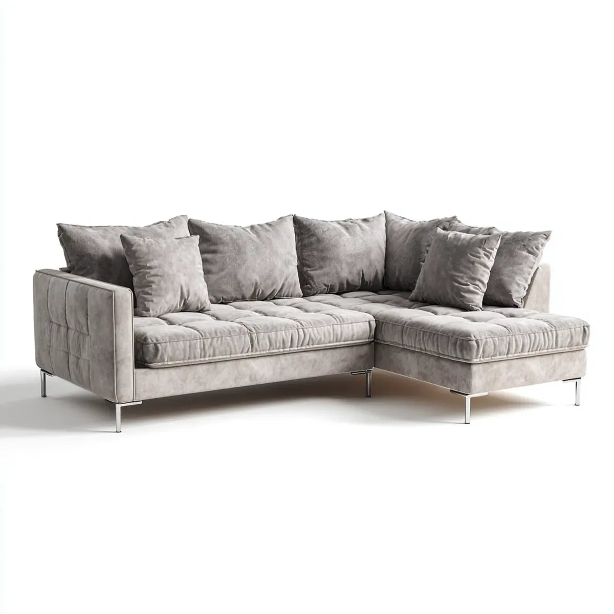 Sofa, Kanapa narożna 4 szary poliester aksamit z prawej szezlong 285 x 170 x 85 cm