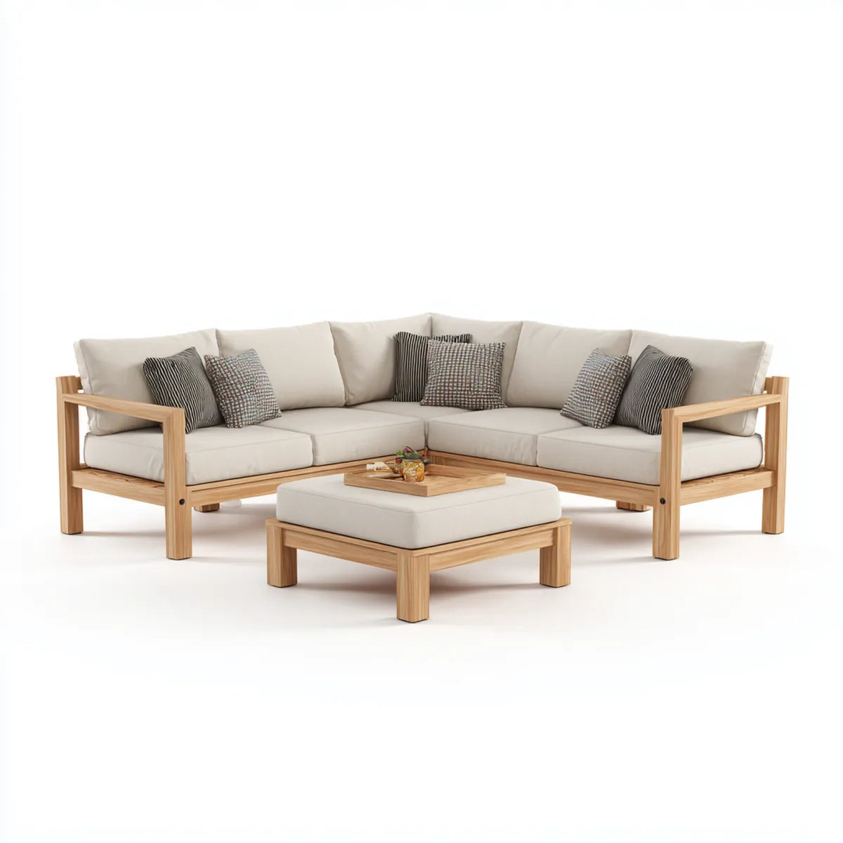 Sofa ogrodowa, Taras Loungesofa Zestaw Beżar z litego drewna akacjowego kształt litery L z stolcem 250 x 250 x 78 cm