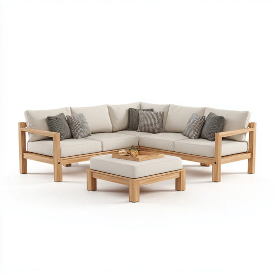 Sofa ogrodowa, Taras Loungesofa Zestaw Beżar z litego drewna akacjowego kształt litery L z stolcem 250 x 250 x 78 cm