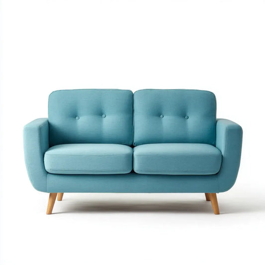 sofa 2-osobowa turkusowa niebieska z tapicerką poliestrową i litymi nóżkami z drewna 140 x 78 x 82 cm