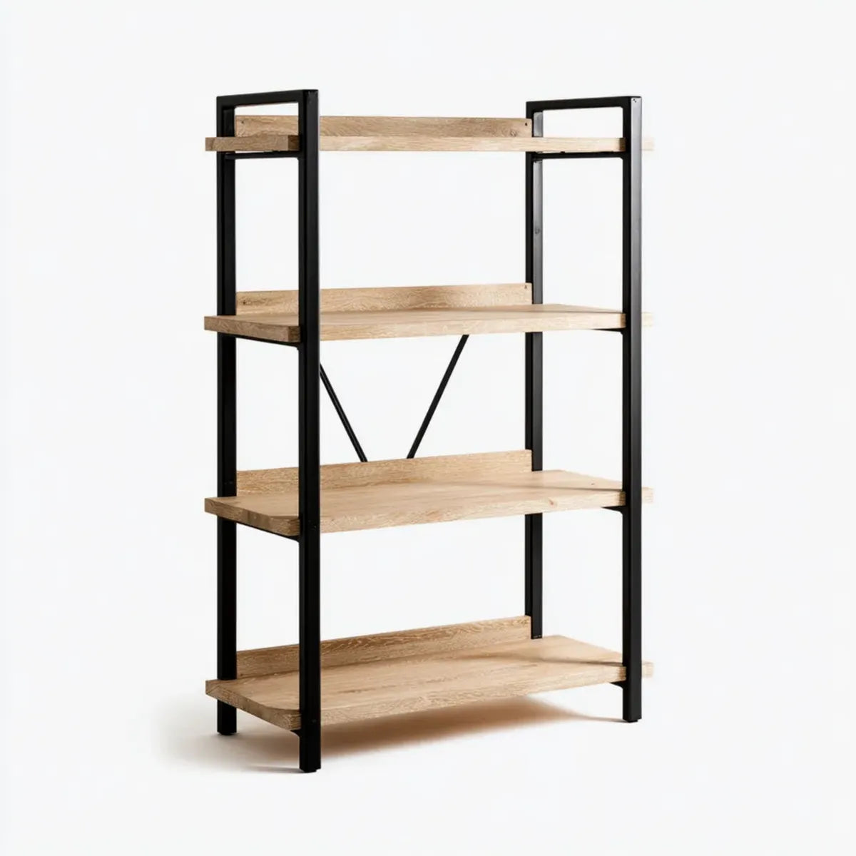 Regał, Półka biblioteczna 4 poziomy naturalnego dębu i czarnego 80 x 40 x 180 cm w dąbie litym i prostokątnej stali