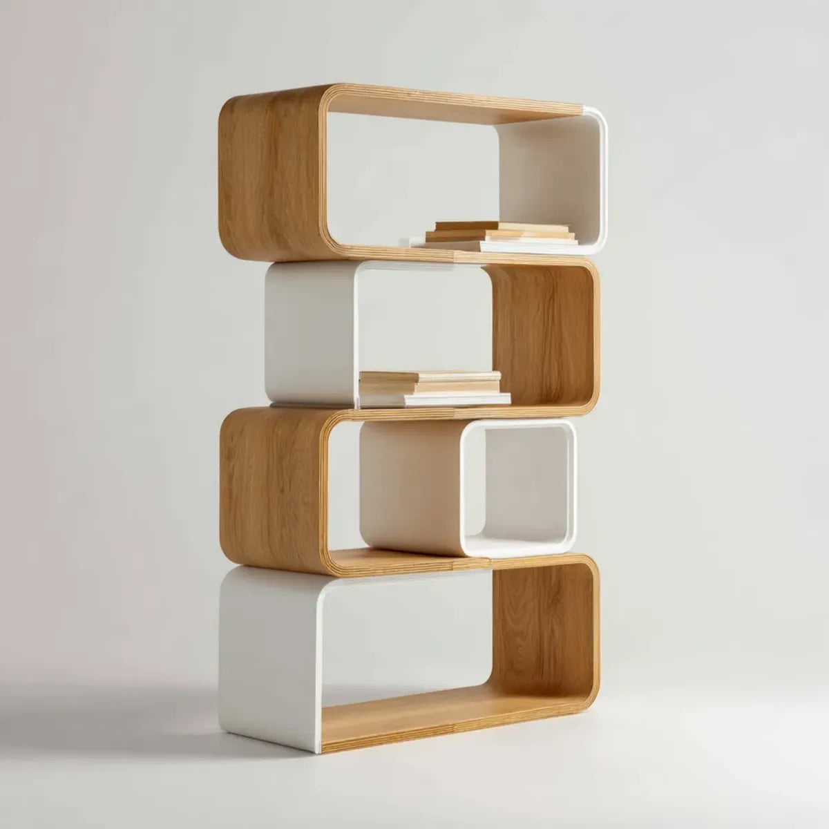 Regał, Biblioteka modułowa 4 elementy biały i dąb 60 x 30 x 120 cm w prostokątnej sklejce brzozy